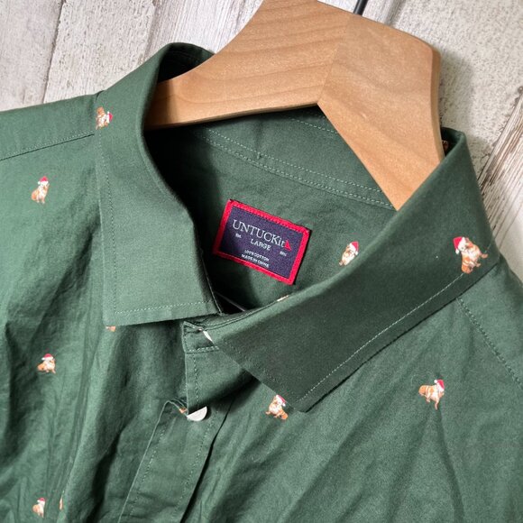 UNTUCKit Christmas Green Dog Button Up Long Sleeve Shirt Mens Size Large - Picture 2 of 5